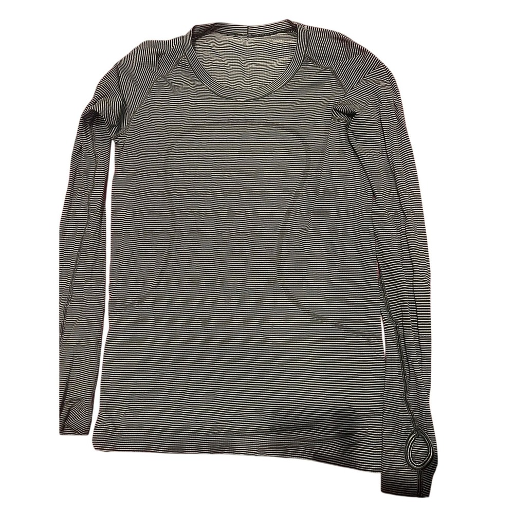 Lululemon Athletica Womens Shirt Sz 10 Black White Micro Stripe Long Sleeve Run